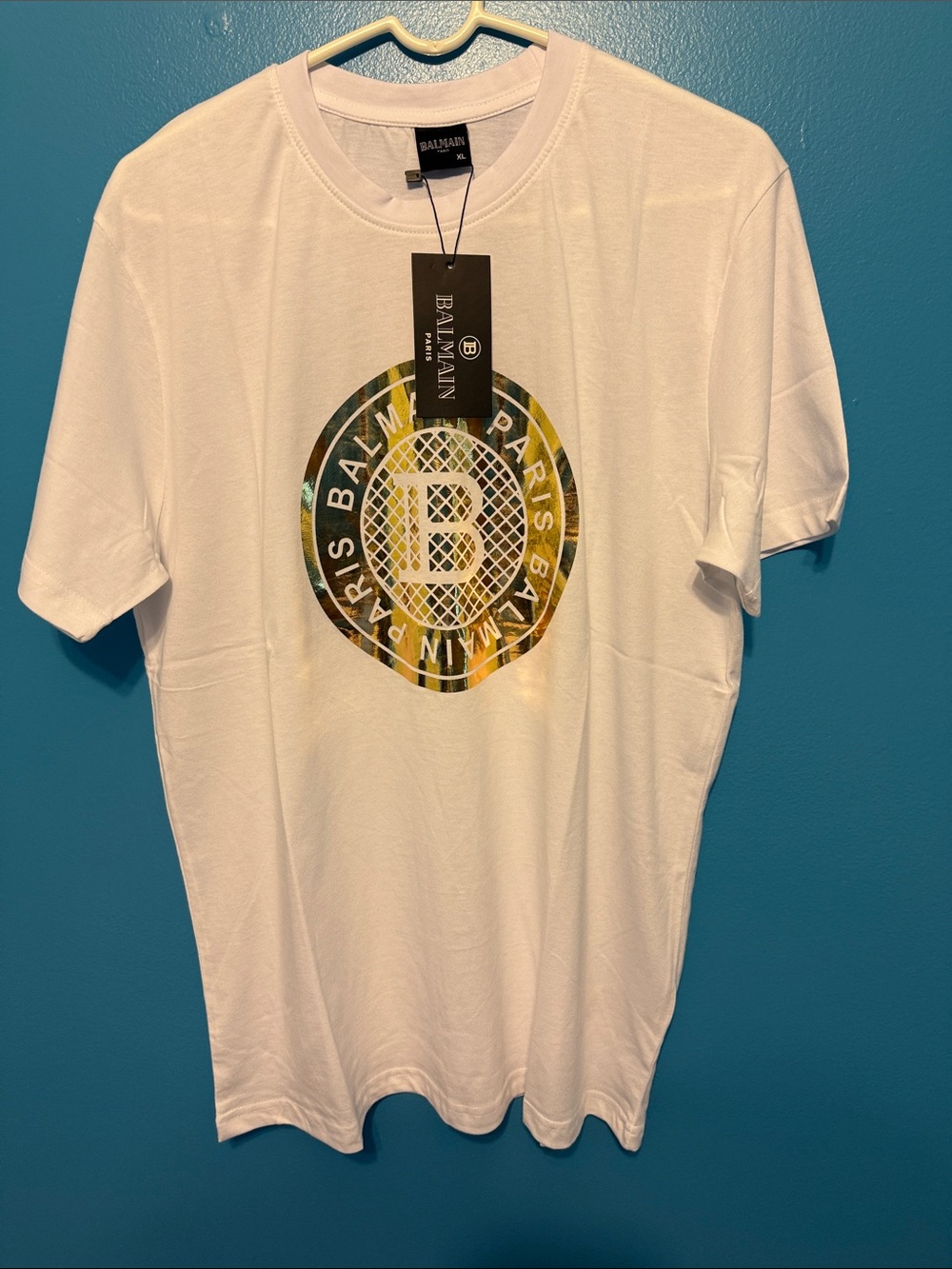 Balmain White Short Sleeve T-Shirt with Multicolor Gold & Green Logo